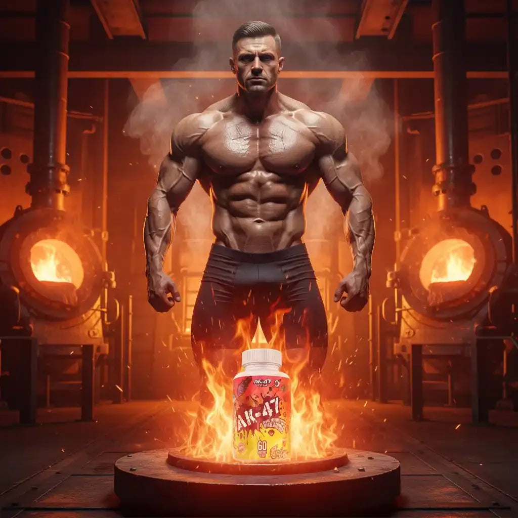 Muskulöser Athlet vor brennender AK-47 Supplement-Dose – Kraft & Energie für Fitness und Sport