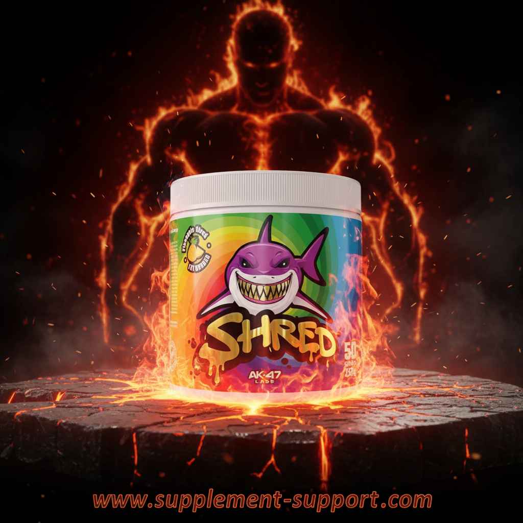 SHRED Fat Burner von AK-47 Labs – Energie-Booster für Fitness & Sport, mit Hai-Logo auf farbenfrohem Etikett