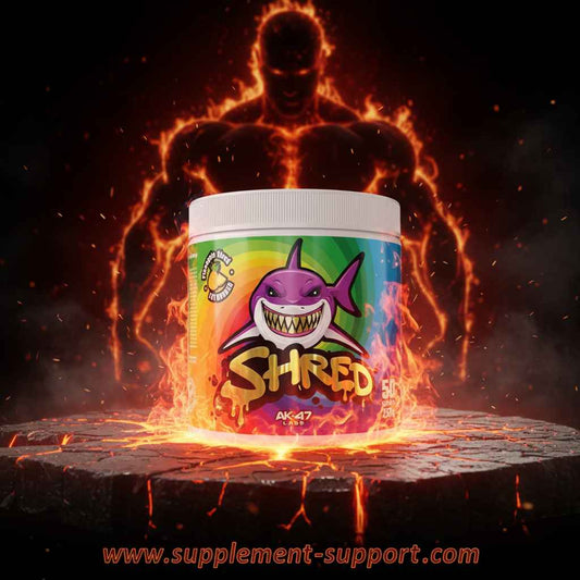 SHRED Fat Burner von AK-47 Labs – Energie-Booster für Fitness & Sport, mit Hai-Logo auf farbenfrohem Etikett