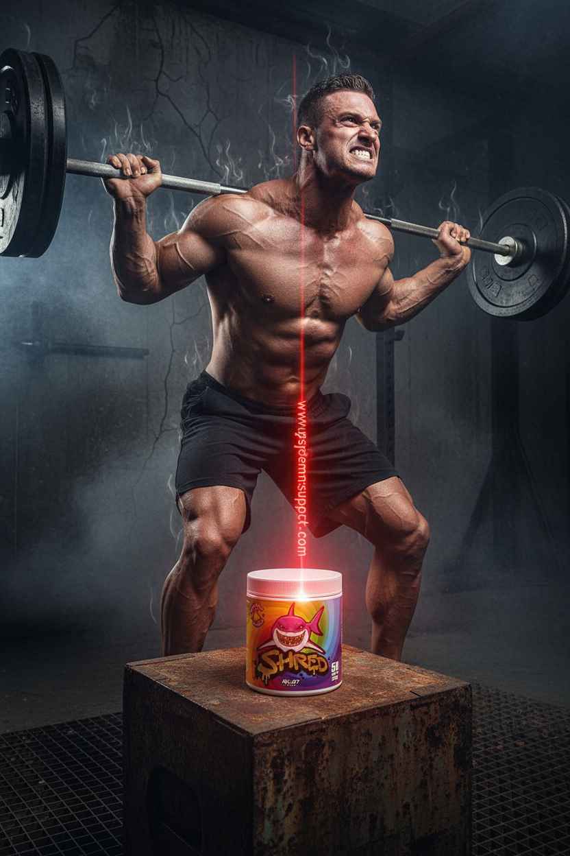 Muskulöser Athlet mit Hantel und SHRED Fatburner für Fitness und Muskelaufbau