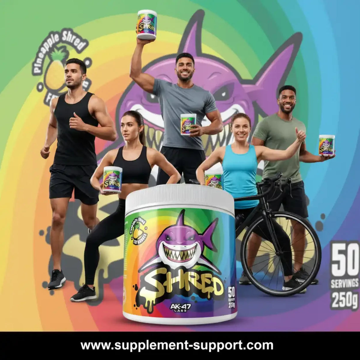 AK-47 Shred Sportnahrung mit Fitness-Athleten und einem Hai-Logo auf buntem Hintergrund.