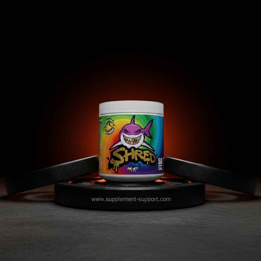 SHRED Fatburner von AK-47 Labs – Nahrungsergänzung für Sportler mit Hai-Design auf farbigem Etikett