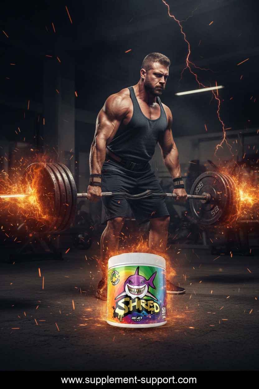 Muskulöser Mann mit Hantel und Shred-Supplement-Dose im Fitnessstudio