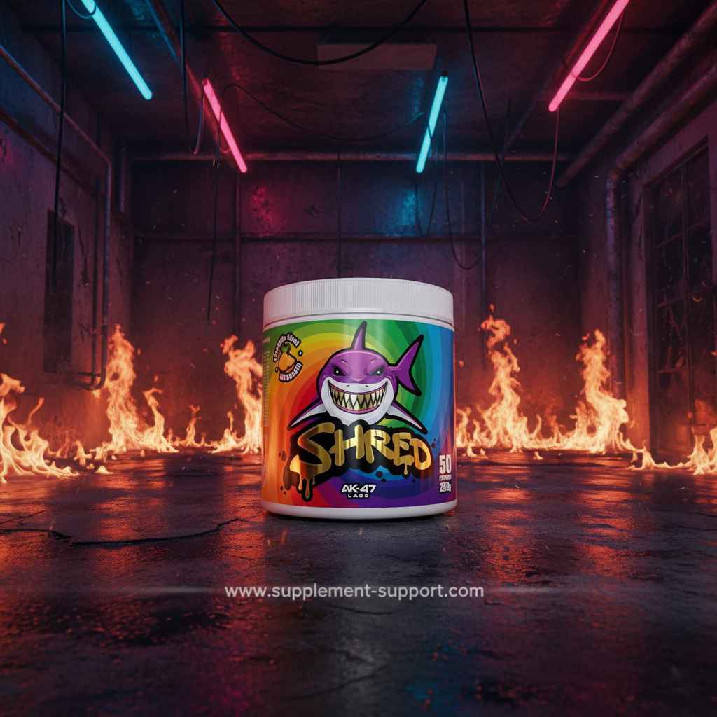 SHRED Fat Burner von AK-47 Labs – bunter Shark-Design, Feuer & Neonlicht im Hintergrund