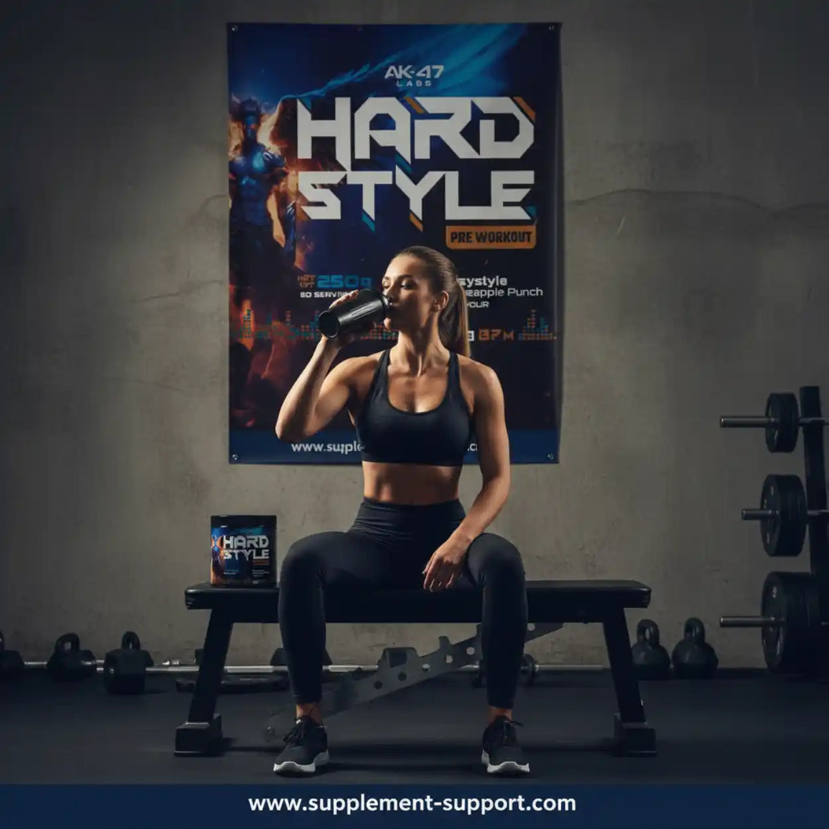 Sportlerin in Fitnessstudio trinkt Pre-Workout Supplement vor einem Hard Style Banner.