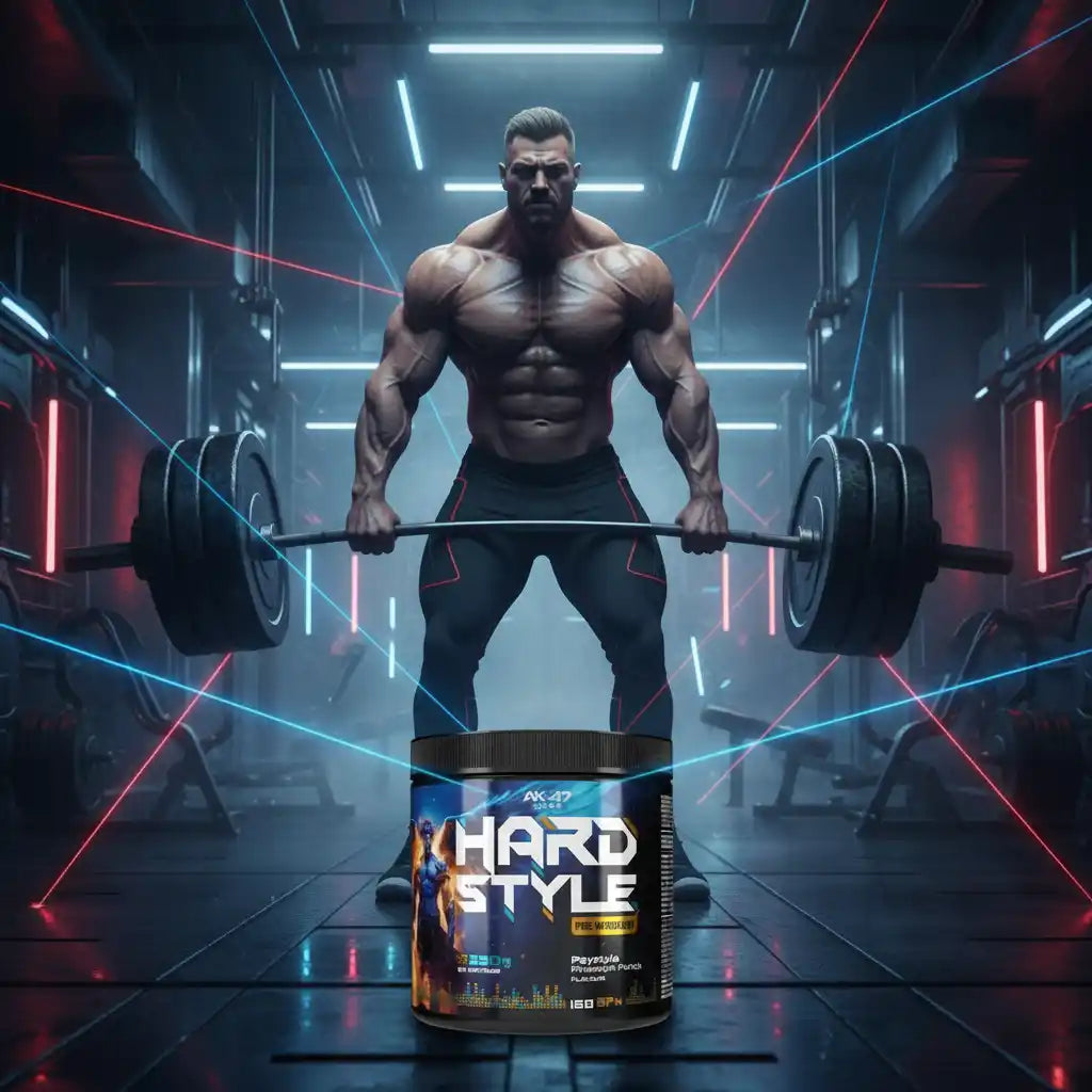 Muskulöser Mann mit Hantel und Hard Style Pre-Workout in futuristischem Fitnessstudio