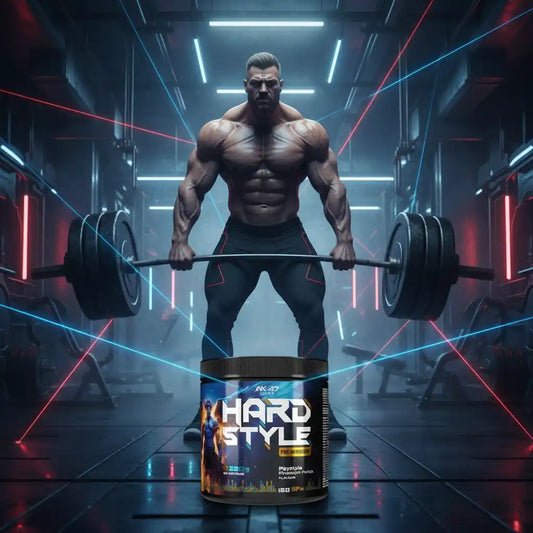 Muskulöser Mann mit Hantel und Hard Style Pre-Workout in futuristischem Fitnessstudio