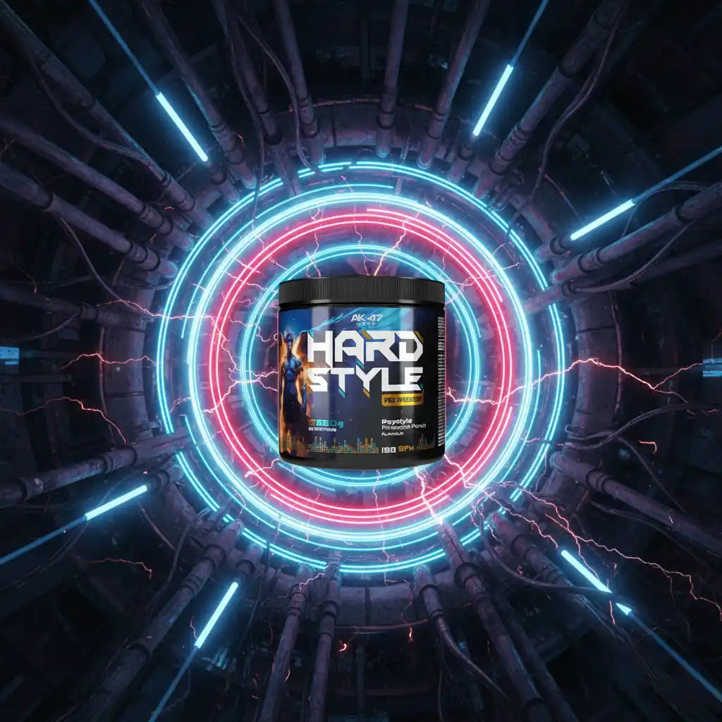 Hard Style Pre Workout Booster mit Energie und Fokus für Fitness und Sport – Neon-Design, futuristisch