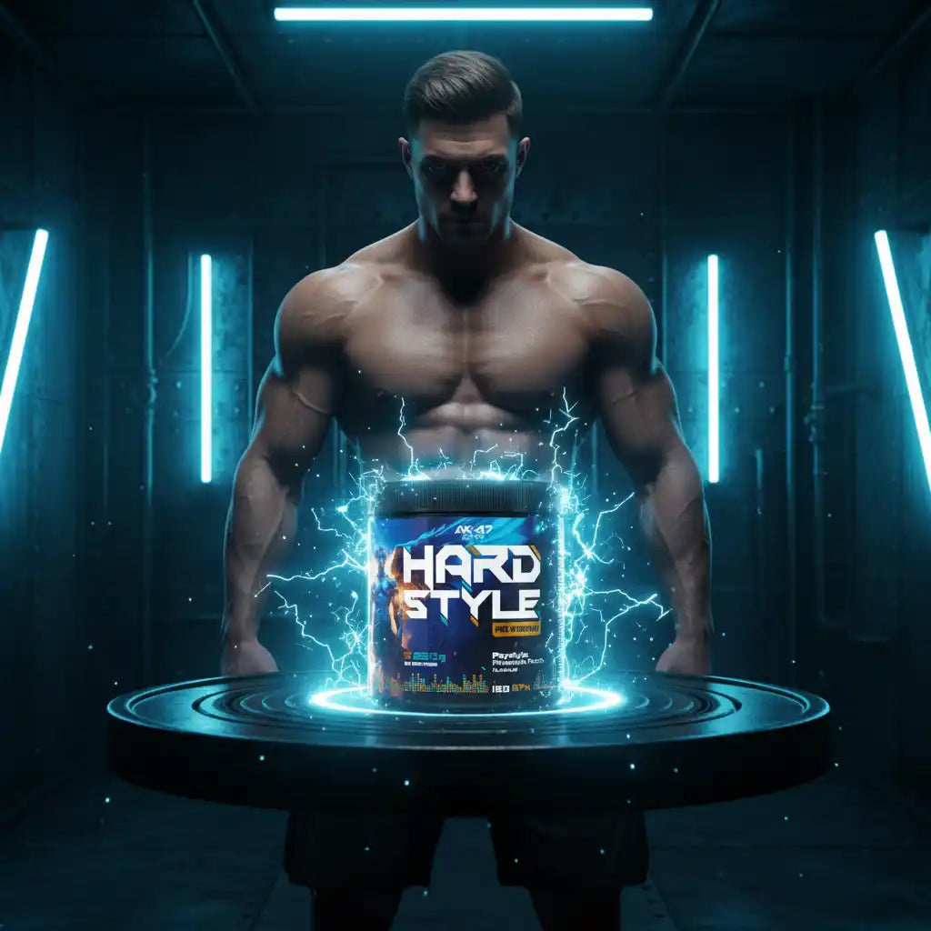 Muskulöser Athlet mit Hard Style Pre-Workout vor futuristischem Hintergrund, Nahrungsergänzung für Fitness und Sport