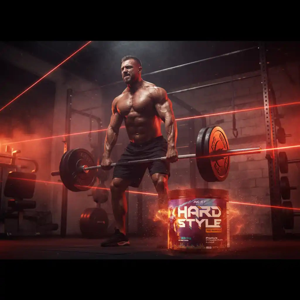 Muskulöser Mann beim Gewichtheben mit Hard Style Pre-Workout in Fitnessstudio