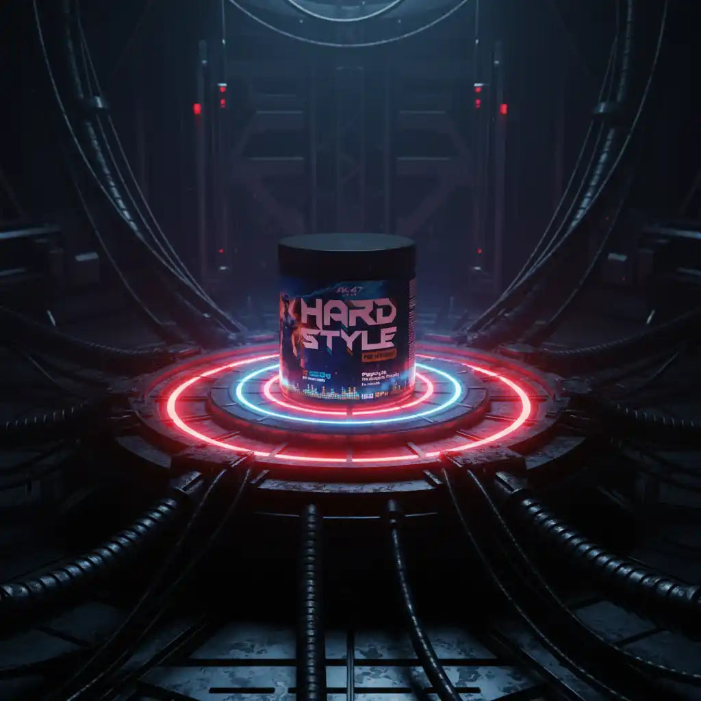 Hard Style Pre-Workout Booster in futuristischer Szene mit Neonlichtern, ideal für Fitness und Sportler