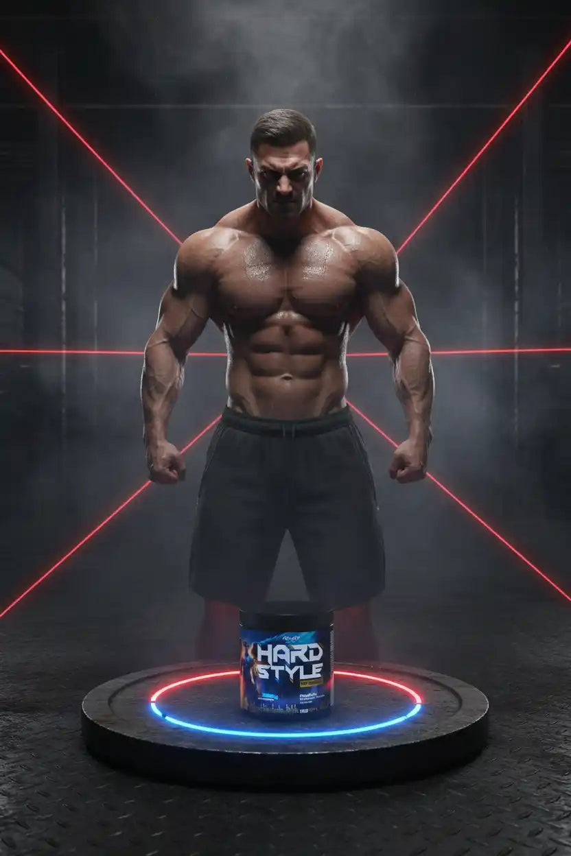 Muskulöser Athlet mit Hard Style Supplement vor roten Lasern
