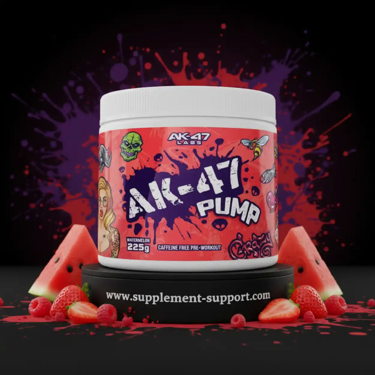AK-47 Pump koffeinfreies Pre-Workout Supplement in Wassermelone Geschmack mit Früchten.