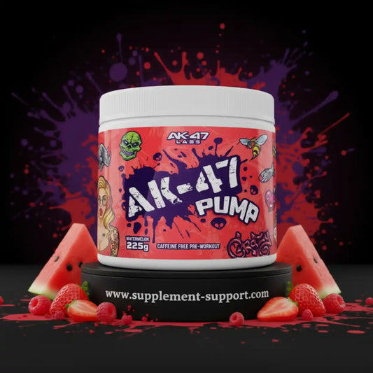 AK-47 Pump koffeinfreies Pre-Workout Supplement in Wassermelone Geschmack mit Früchten.