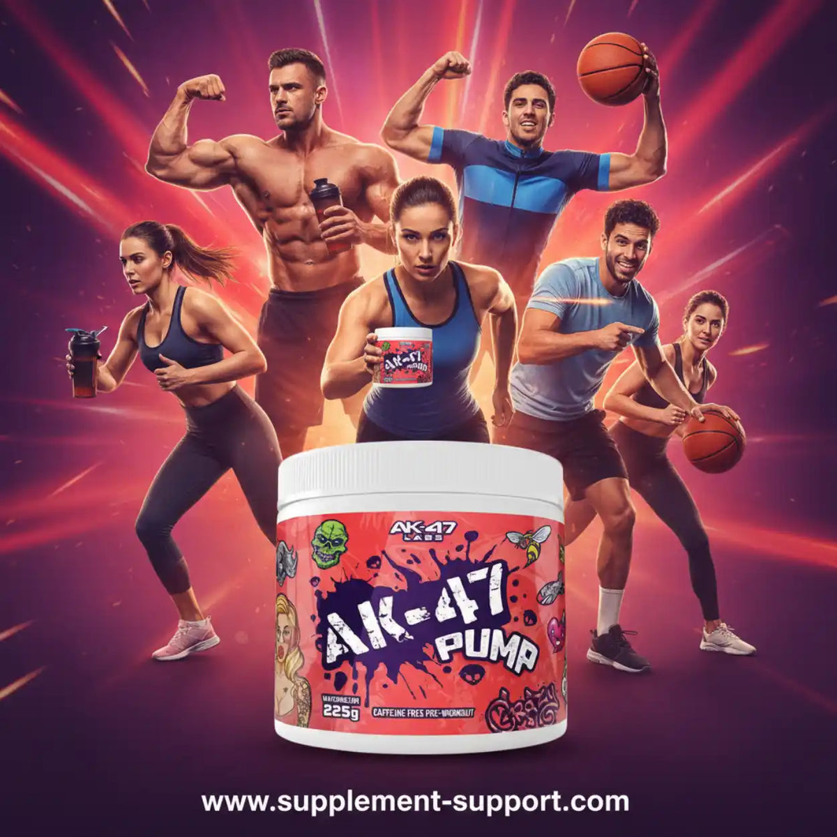 AK-47 Pump Pre-Workout Supplement Dose mit Sportlern im Hintergrund