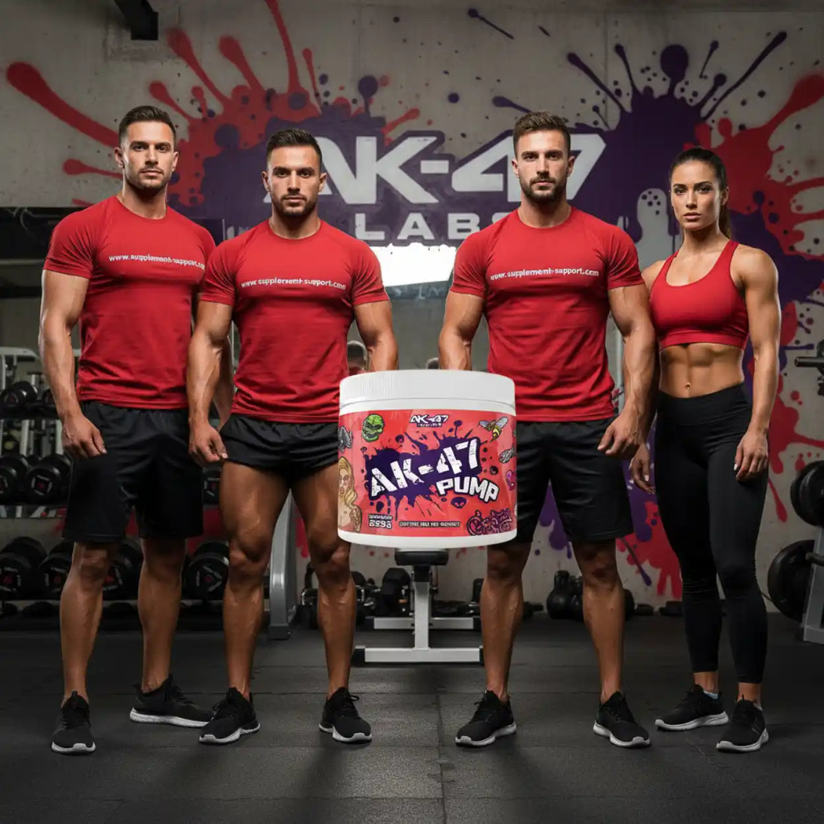 Vier muskulöse Athleten in roter Sportbekleidung mit einem Tiegel AK-47 Pump Supplement.