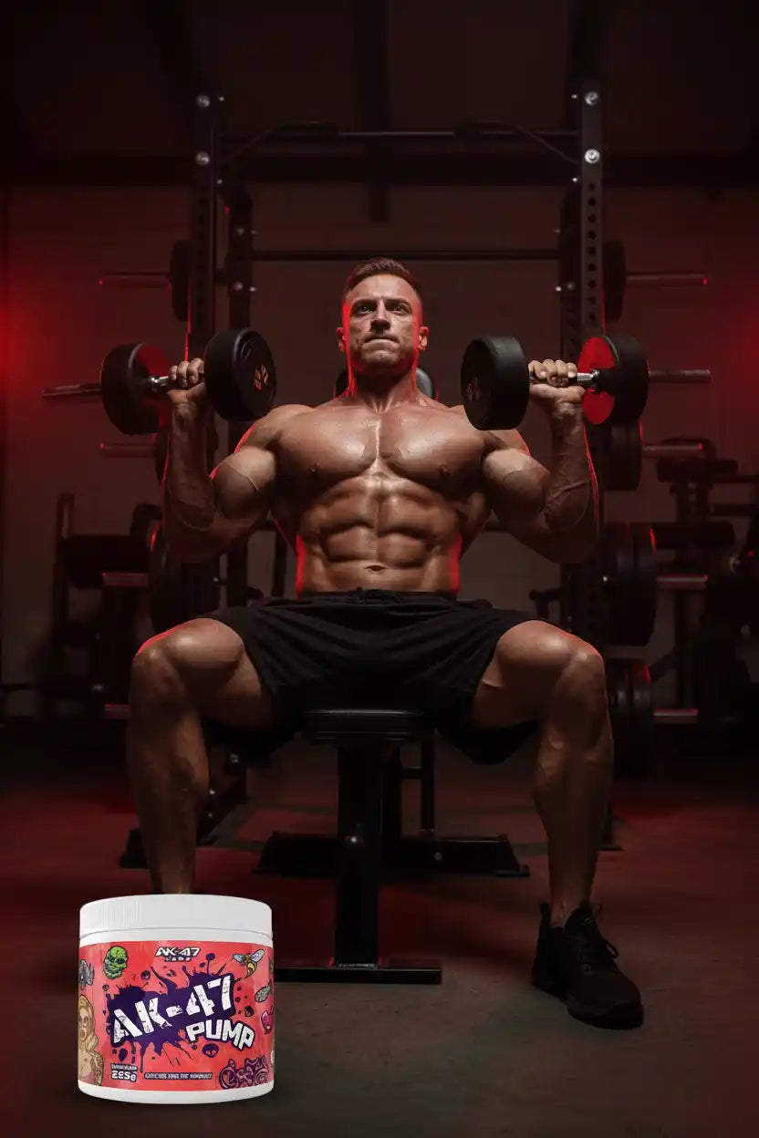 Muskulöser Mann mit Hanteln im Fitnessstudio neben AK-47 Pump Pre-Workout