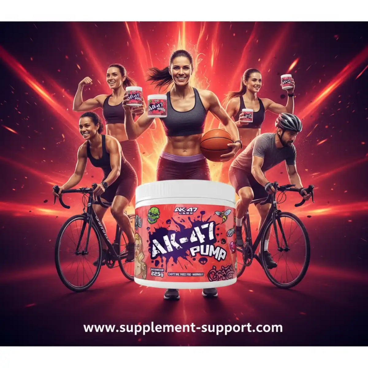 AK-47 Pump Pre-Workout Supplement mit Sportlern beim Training und Radfahren.