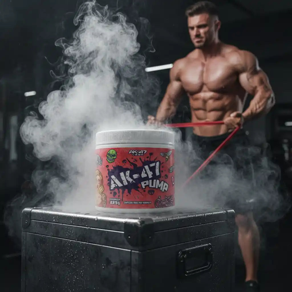 AK-47 PUMP Pre-Workout mit Raucheffekt, ideal für Fitness und Muskelaufbau im Training