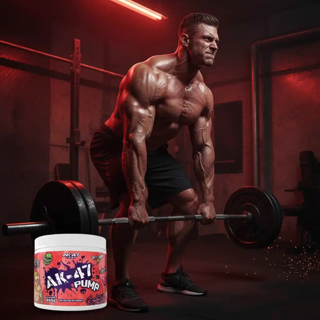 Muskulöser Mann beim Gewichtheben mit AK-47 Pump Supplement im Fitnessstudio