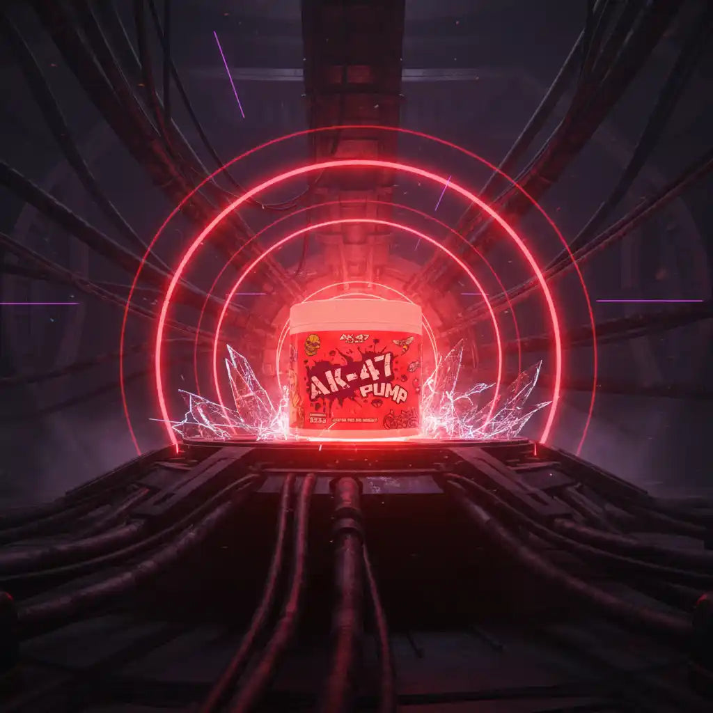 AK-47 Pump Pre-Workout mit rotem Neonlicht und Energieeffekten für Sportler