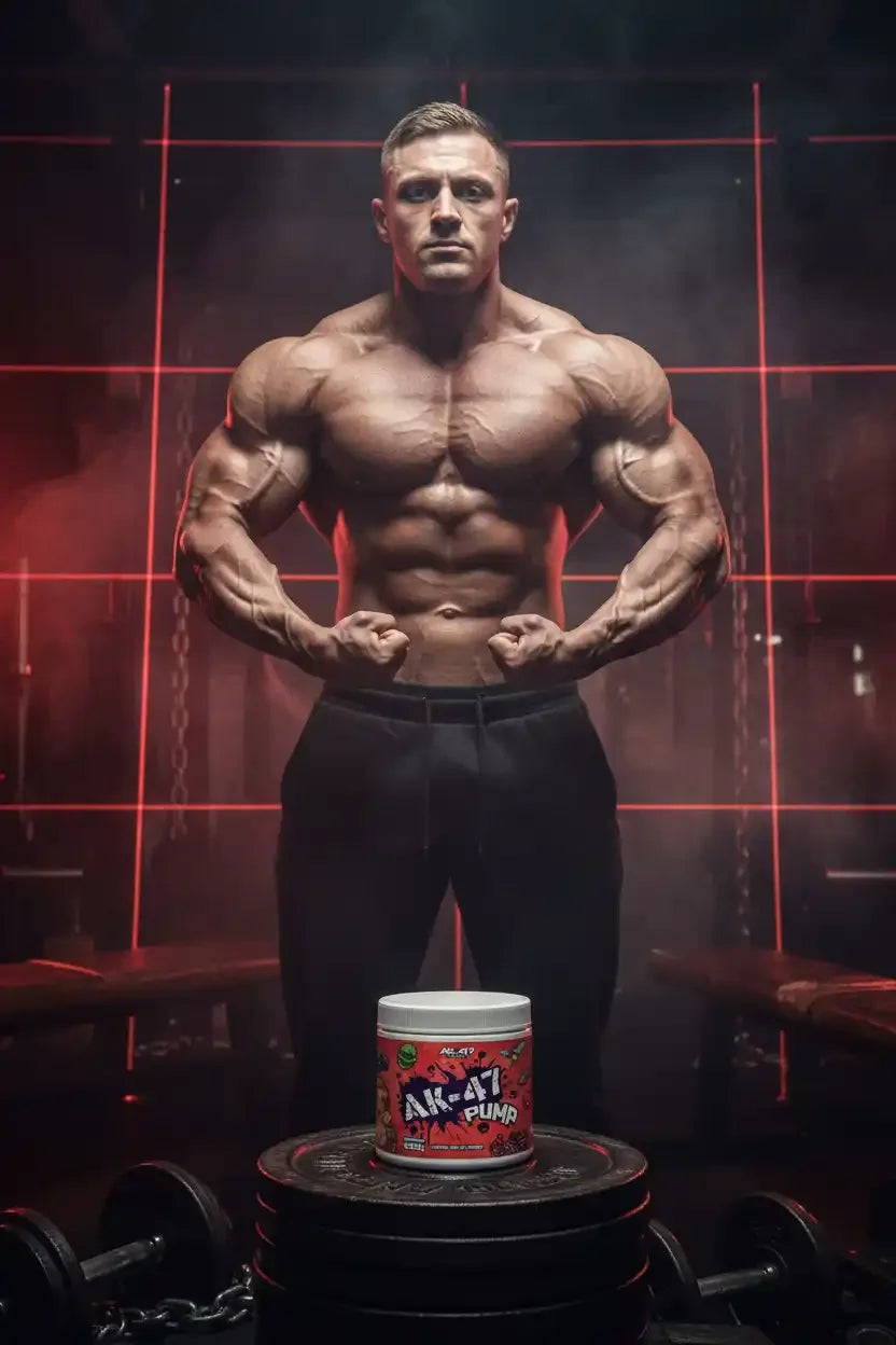 Muskulöser Bodybuilder im Fitnessstudio mit AK47 Pump Nahrungsergänzung auf einer Hantelscheibe.