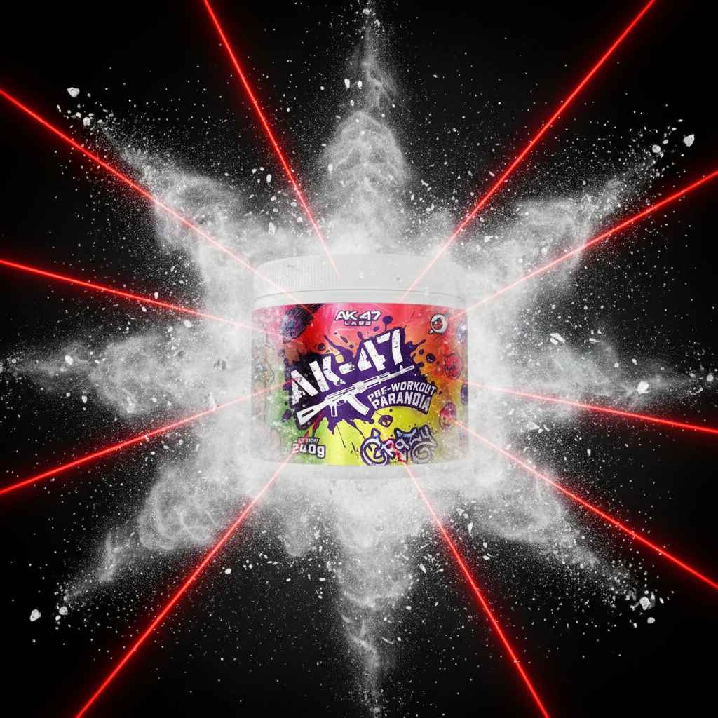 AK-47 Pre-Workout Powder mit roten Lasern und Explosionseffekt für Fitness und Sport