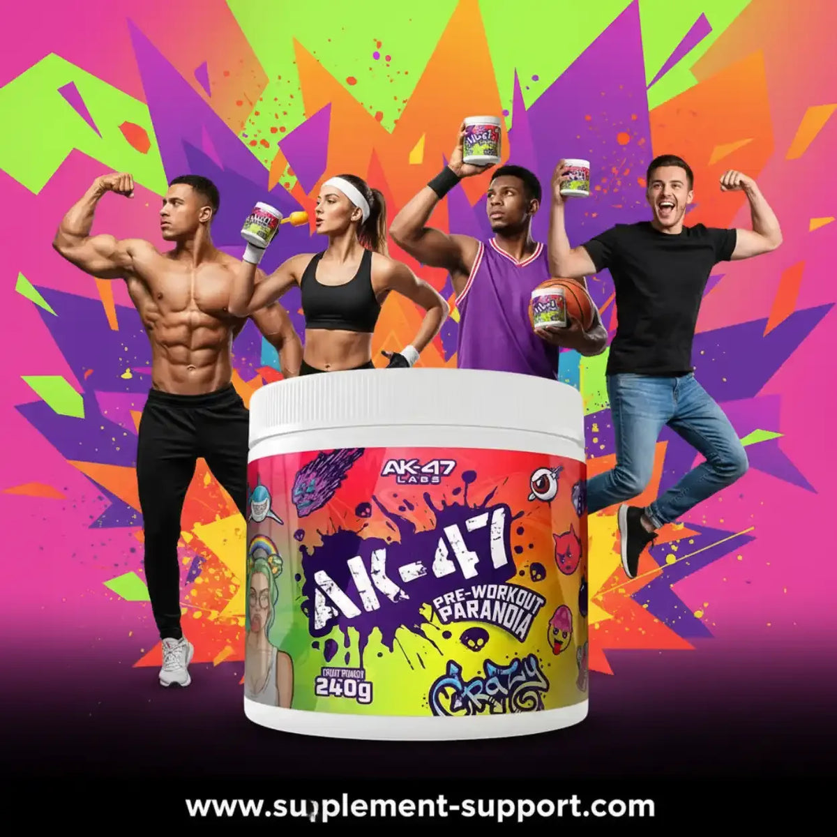 AK-47 Labs Pre-Workout Paranoia Supplement mit Sportlern vor farbenfrohem Hintergrund.