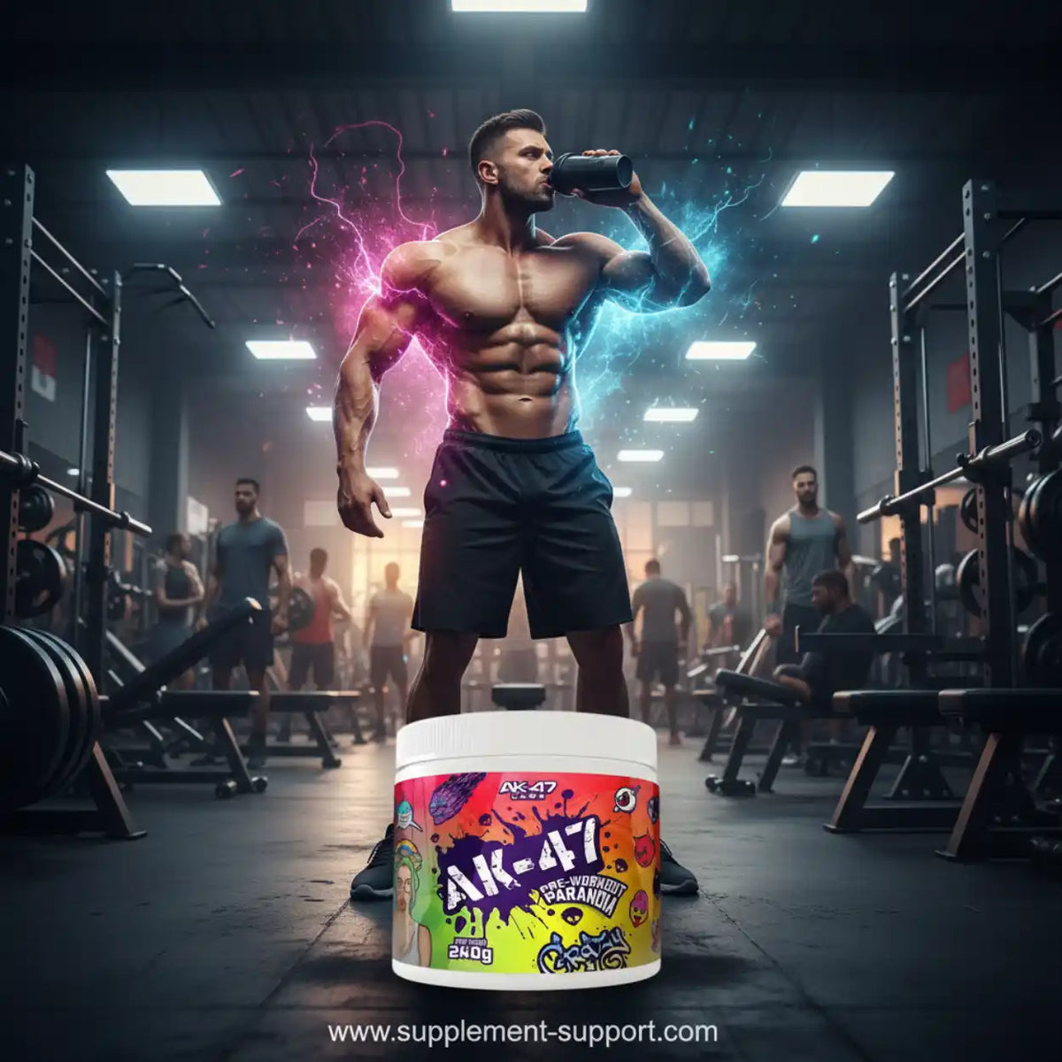 Muskulöser Mann im Fitnessstudio mit AK-47 Pre-Workout Supplement Dose im Vordergrund.