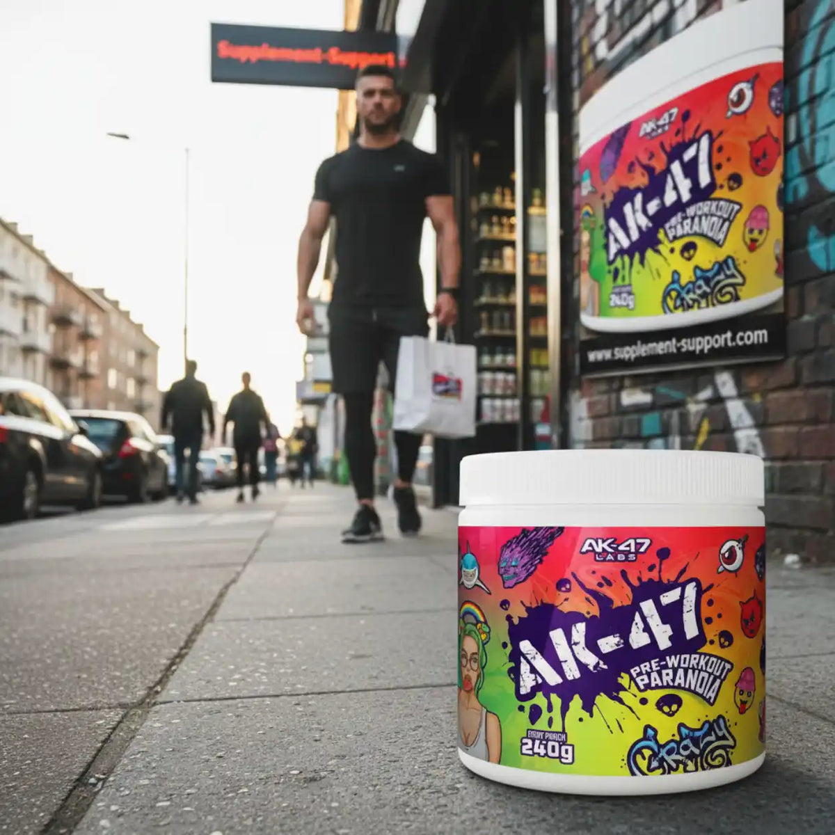 AK-47 Labs Pre-Workout Paranoia Dose im Vordergrund mit einem Sportler in einer Berliner Straße.