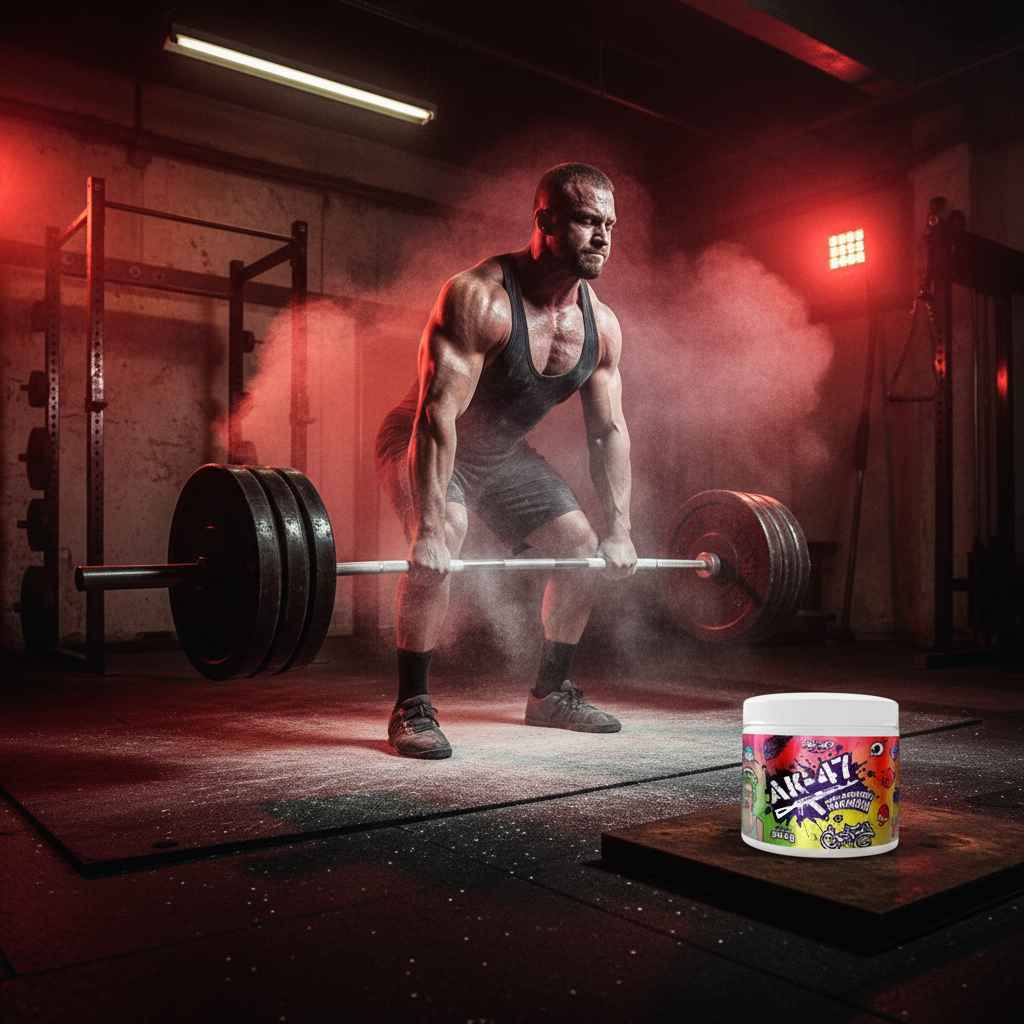 Muskulöser Athlet beim Gewichtheben mit Pre-Workout Supplement im Fitnessstudio