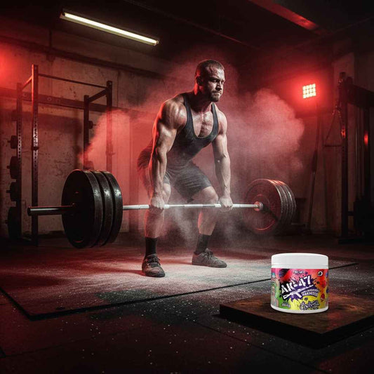 Muskulöser Athlet beim Gewichtheben mit Pre-Workout Supplement im Fitnessstudio