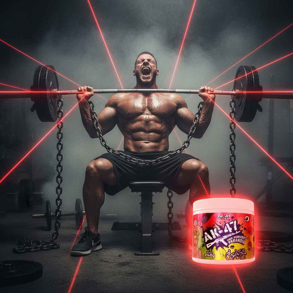 Muskulöser Athlet mit Hantel und Nahrungsergänzungsmittel im Fitnessstudio