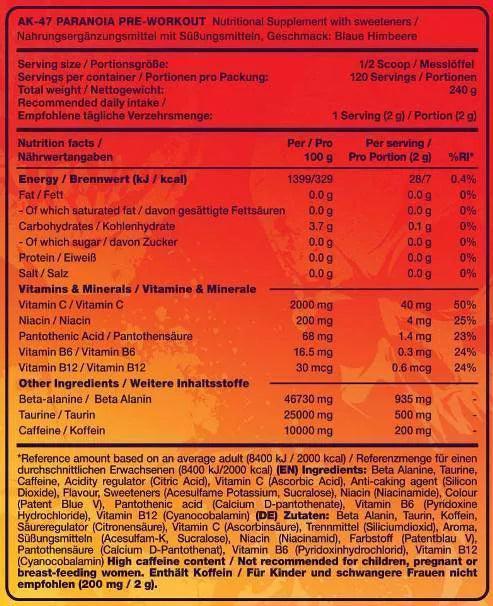 AK47 Pre Workout Booster Paranoia 240g - Supplement-Support.com