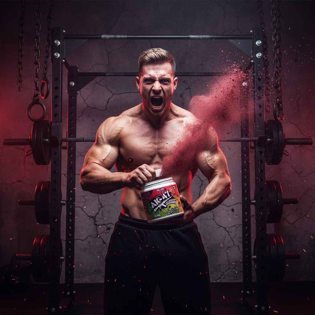 Muskulöser Athlet mit Nahrungsergänzungsmittel im Fitnessstudio, roter Pulvernebel, Krafttraining