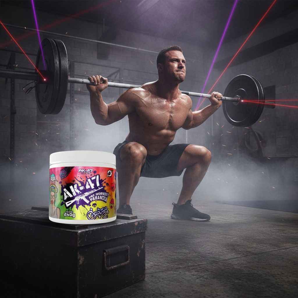 Muskulöser Mann beim Gewichtheben mit AK-47 Pre-Workout in Fitnessstudio