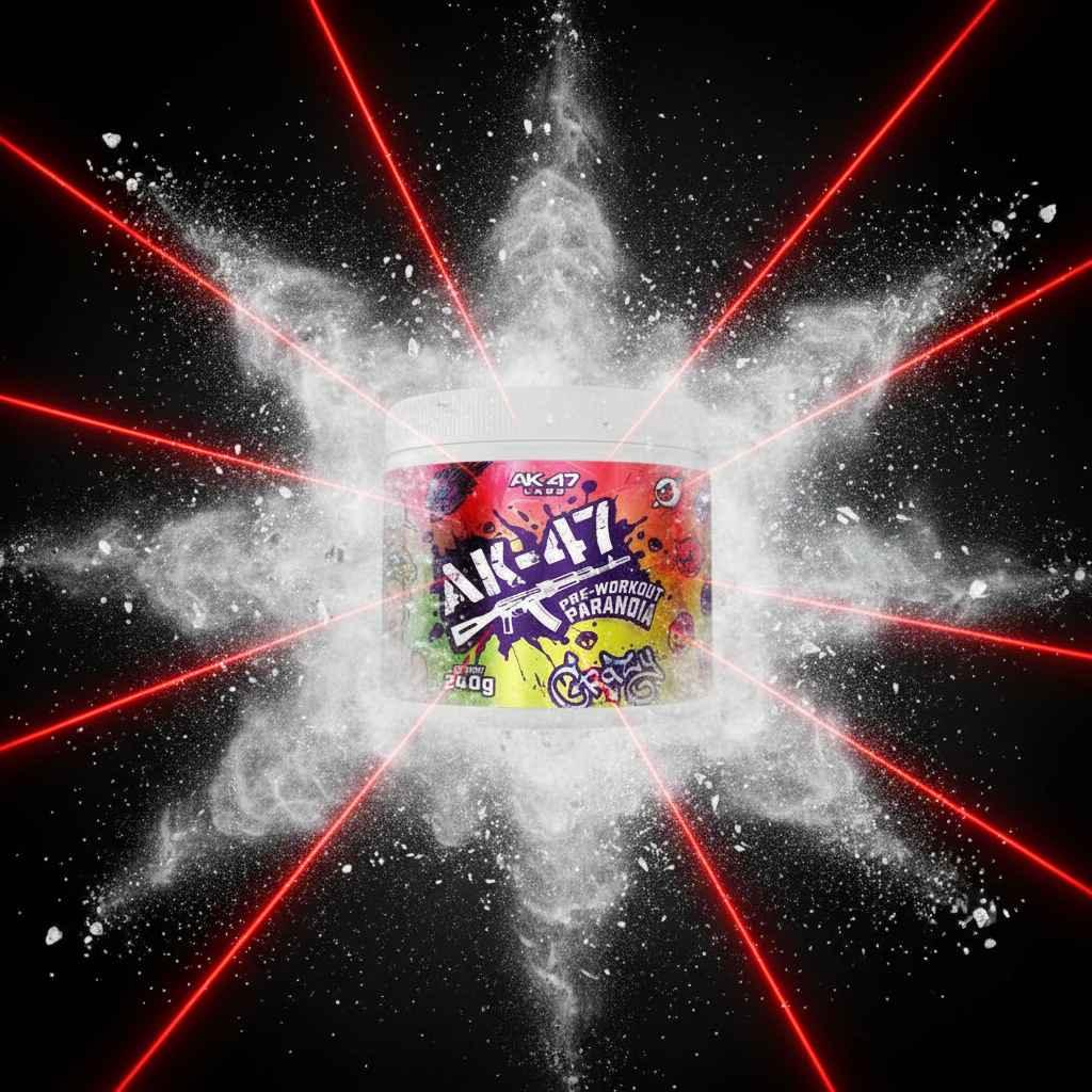 AK-47 Pre-Workout Powder mit roten Lasern und Explosionseffekt für Fitness und Sport