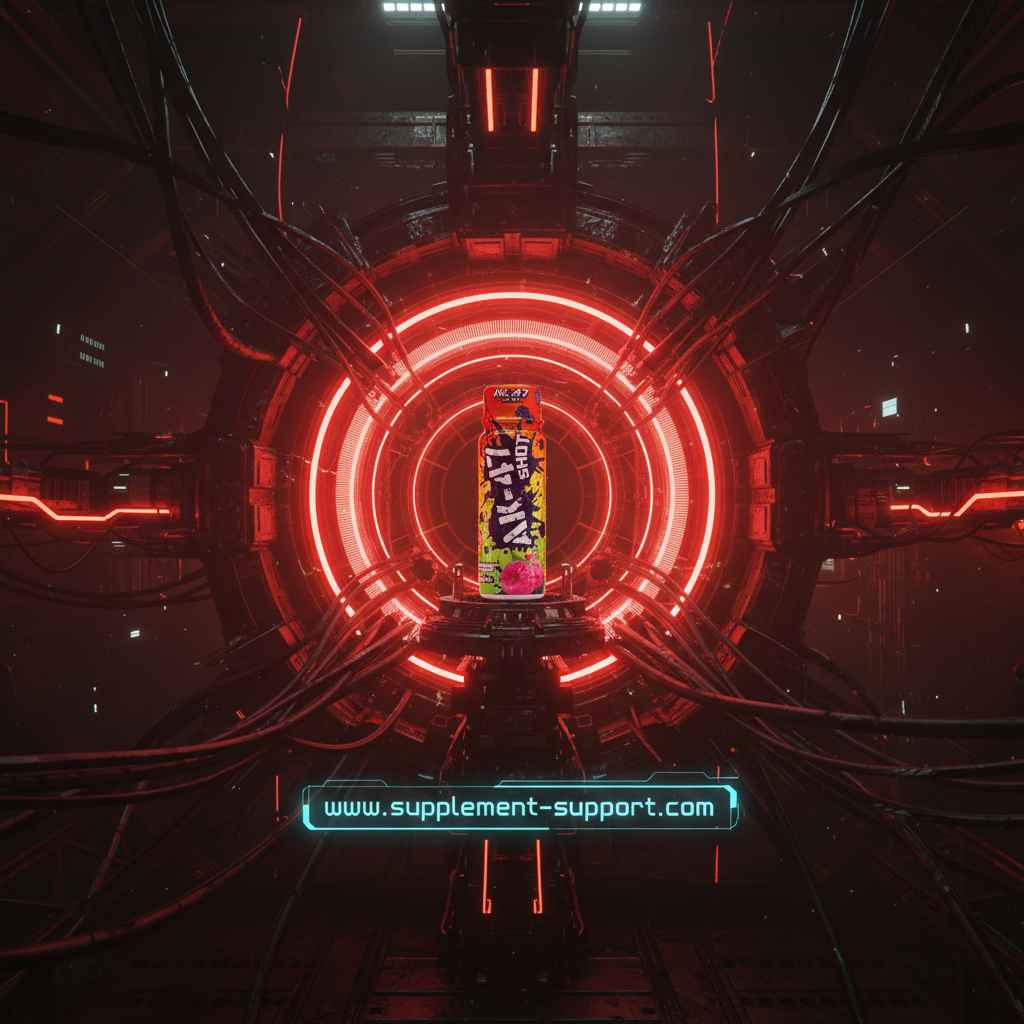 Alk-Aid Shot in futuristischem Neon-Tunnel – Nahrungsergänzung für Sportler