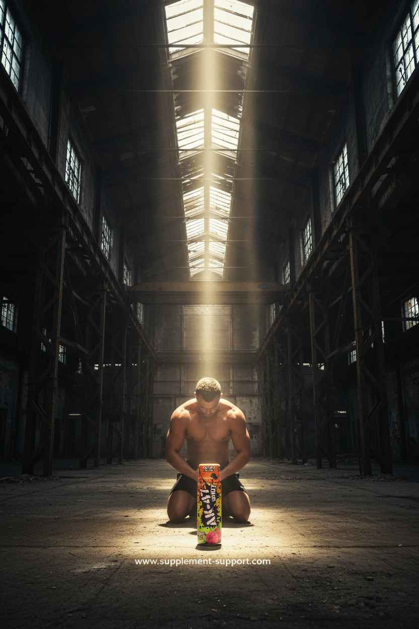 Muskulöser Athlet mit Nahrungsergänzung in Industriehalle, ideal für Fitness und Sport