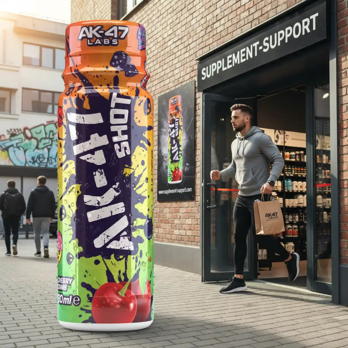 AK-47 Labs Shot Energy Drink mit Kirschgeschmack vor einem Sportnahrung-Fachgeschäft.