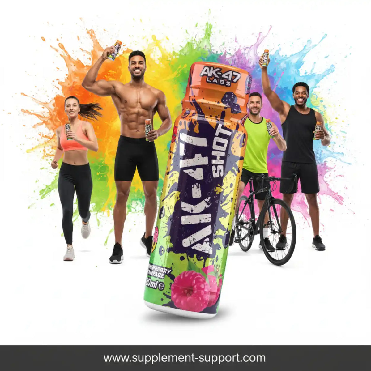 AK-47 Labs Shot Energie-Booster mit Sportlern vor farbenfrohem Hintergrund