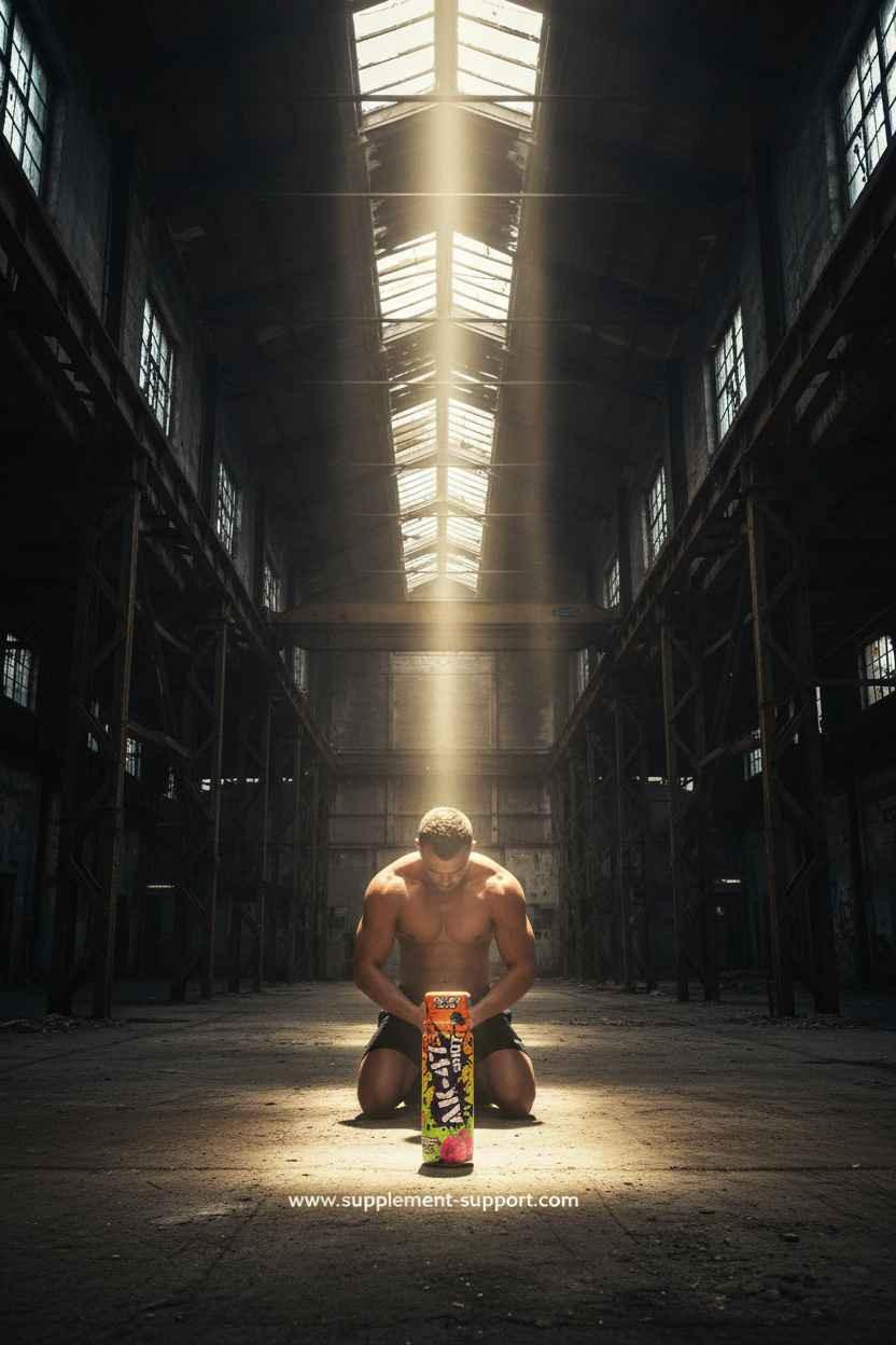 Muskulöser Athlet mit Nahrungsergänzung in Industriehalle, ideal für Fitness und Sport