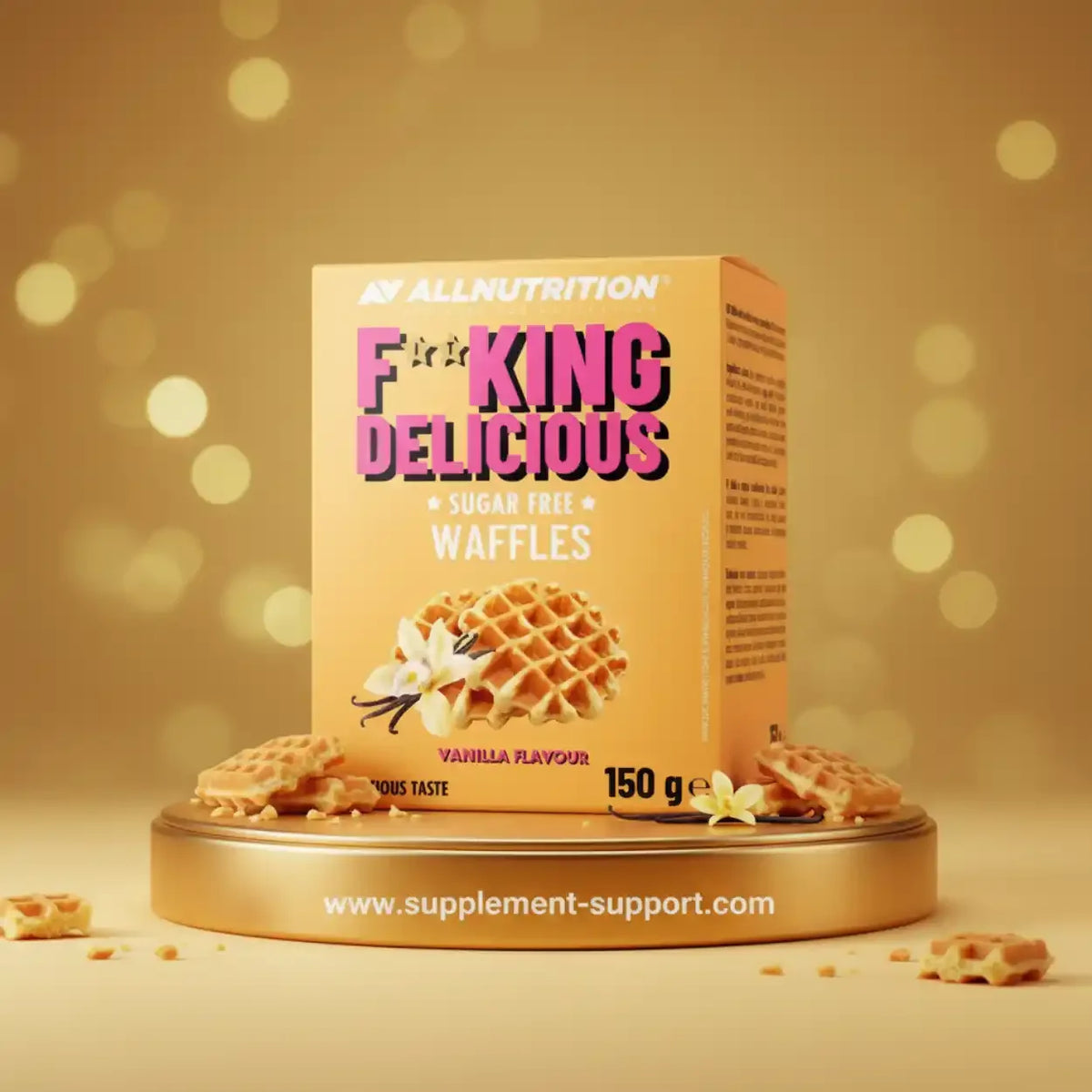 All Nutrition Waffles in Vanille-Geschmack, zuckerfrei, 150g Packung auf goldenem Podest.