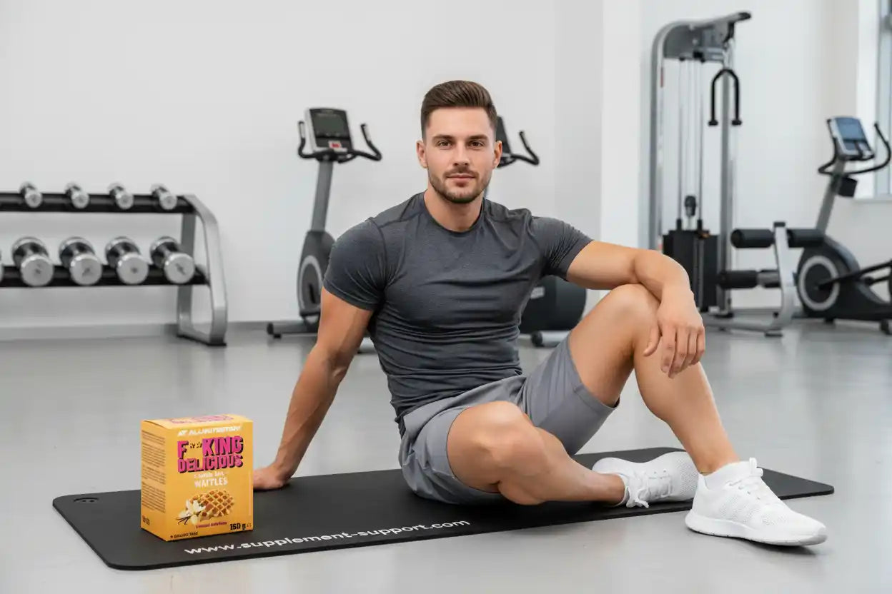 Muskulöser Mann im Fitnessstudio mit Waffel-Snackbox auf Yogamatte, ideal für Sportler und Fitness-Enthusiasten