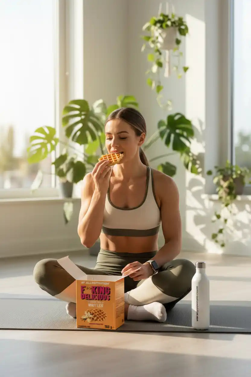 Frau isst Protein-Waffeln auf Yogamatte, Sportnahrung für Fitness und Training