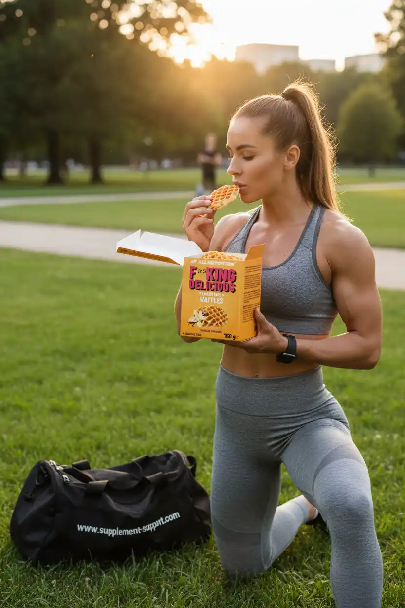 Sportlerin isst Protein-Waffeln im Park nach Training, Fitness-Ernährung & Nahrungsergänzung