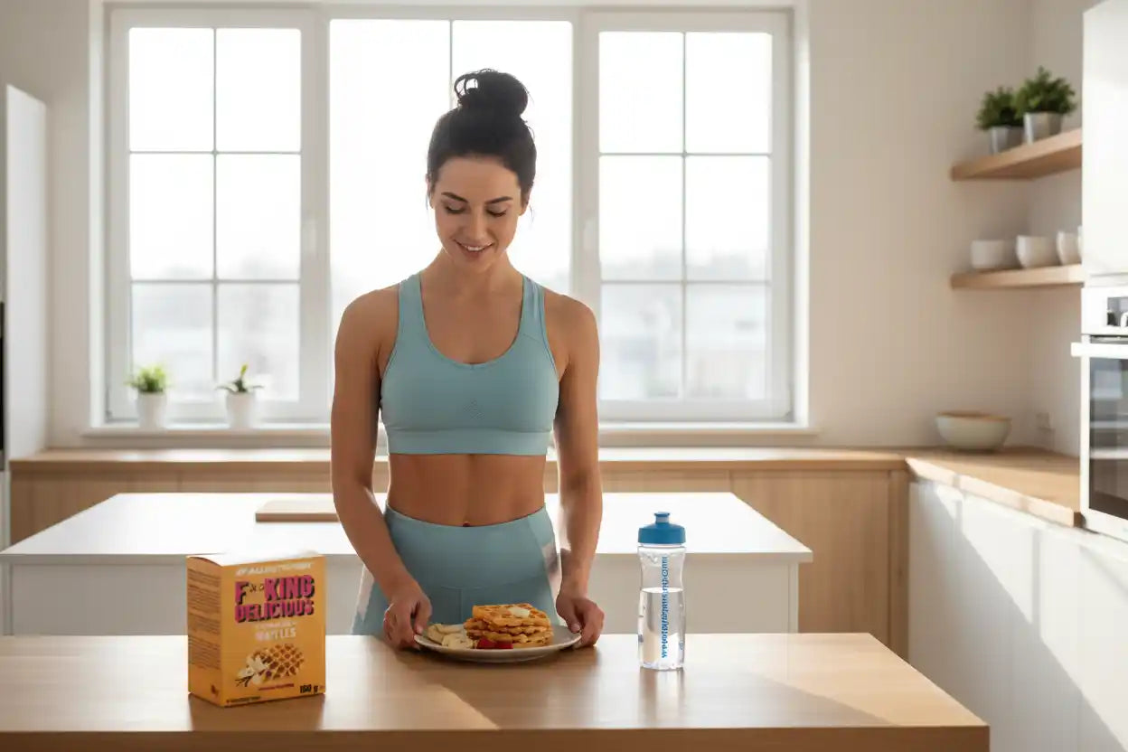 Sportliche Frau mit Protein-Waffeln und Wasser in der Küche – Fitness-Ernährung & Sportnahrung