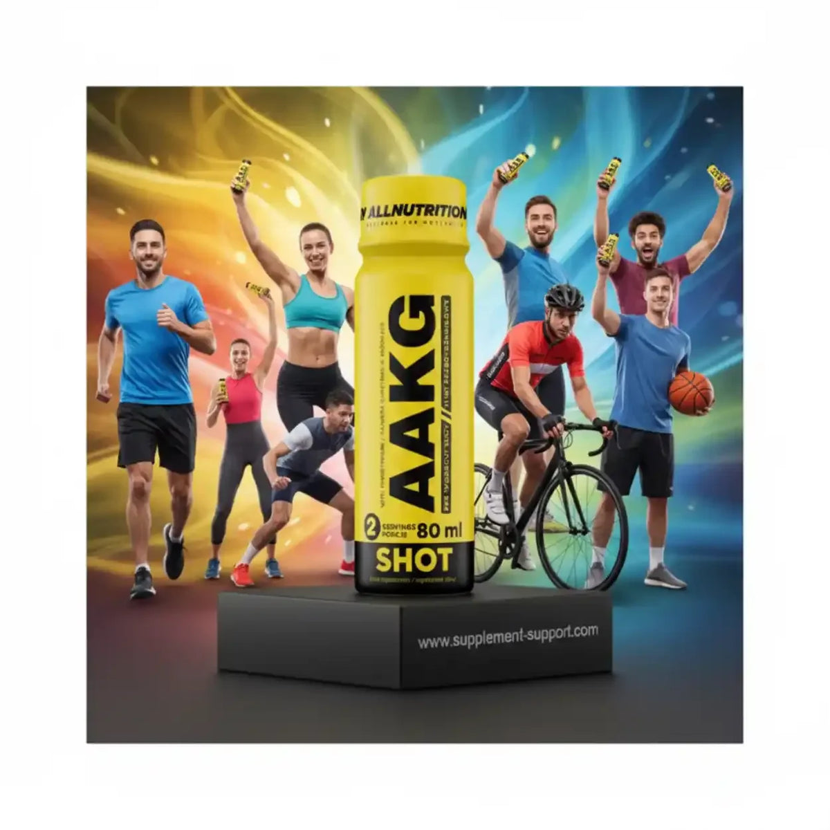 All Nutrition AAKG Shot 80ml für Sportler vor dem Training mit Athleten im Hintergrund
