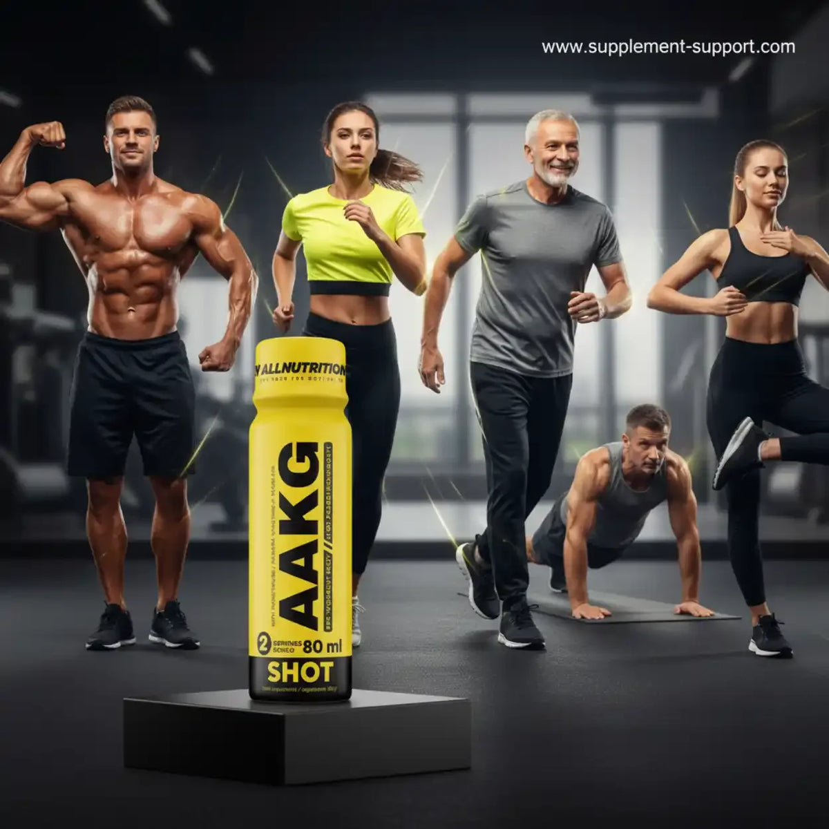 All Nutrition AAKG Shot Nahrungsergänzung vor Sportlern in einem Fitnessstudio.