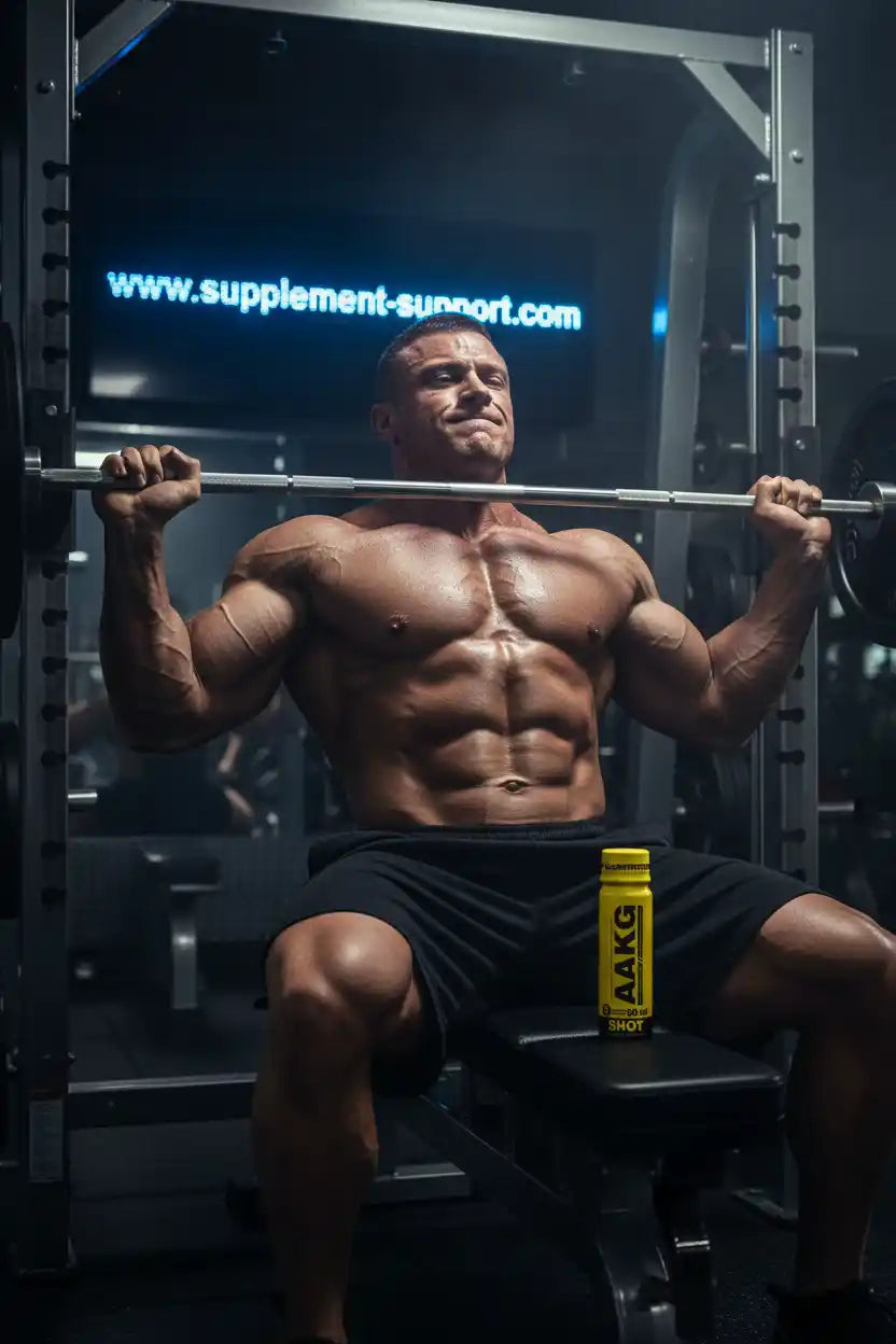 Muskulöser Mann beim Gewichtheben mit AAKG Shot, ideal für Fitness und Sportnahrung